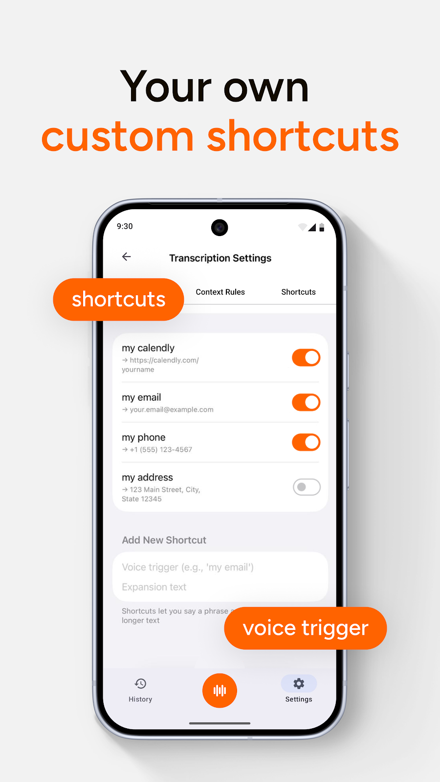 Custom voice shortcuts in AI Dictation