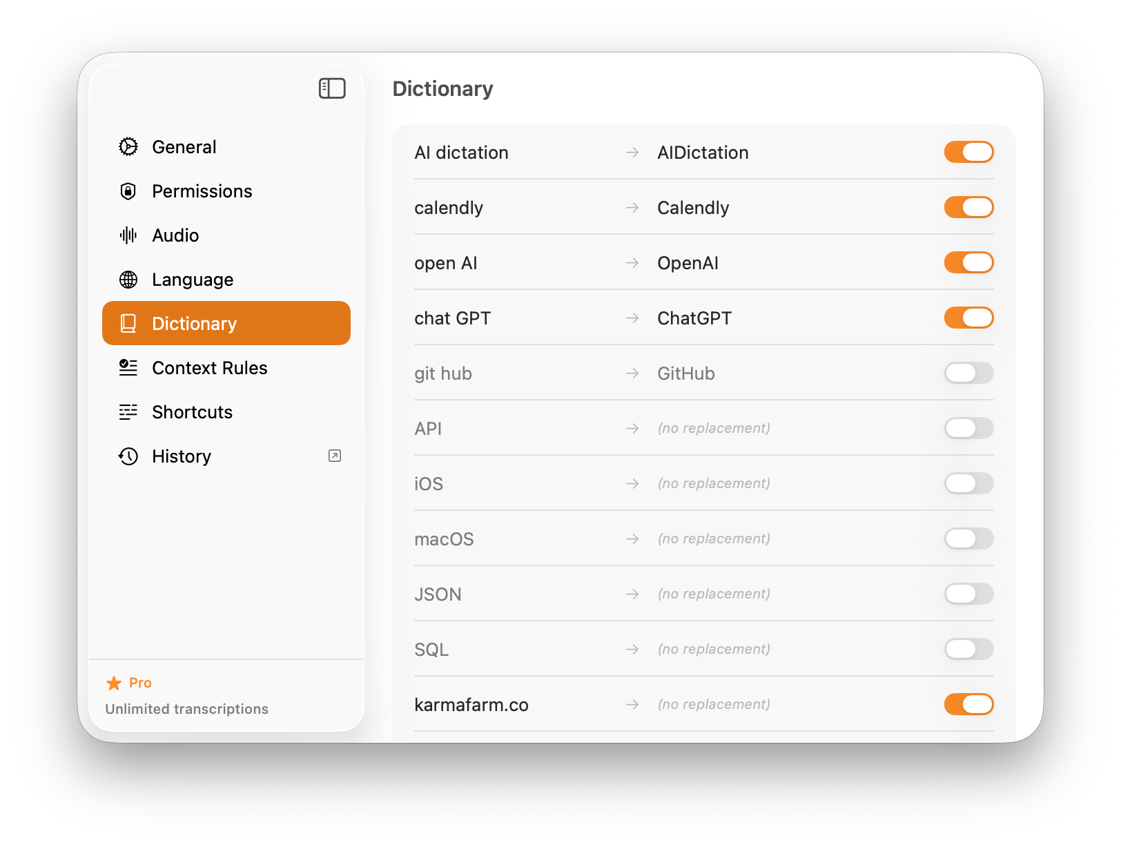 AI Dictation Dictionary Settings