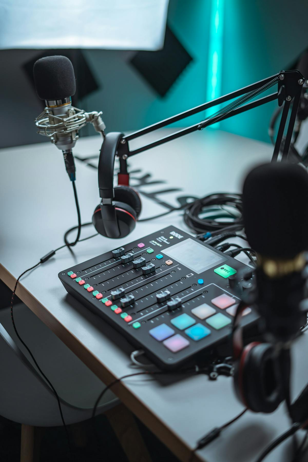 Professional podcast recording studio setup with mixing board, microphones, and headphones