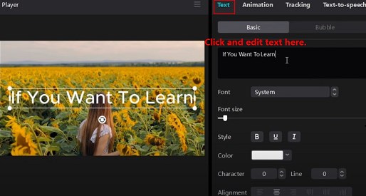 CapCut desktop editor with the Text to Speech panel open in the right sidebar, showing voice selection and apply button