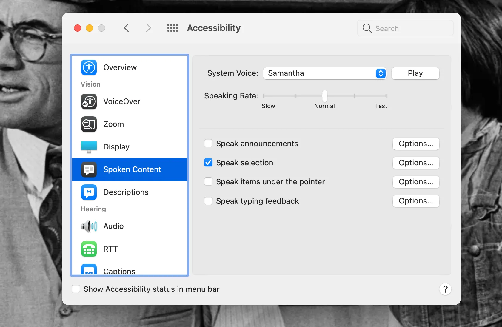 macOS System Settings showing the Spoken Content panel with Speak Selection enabled