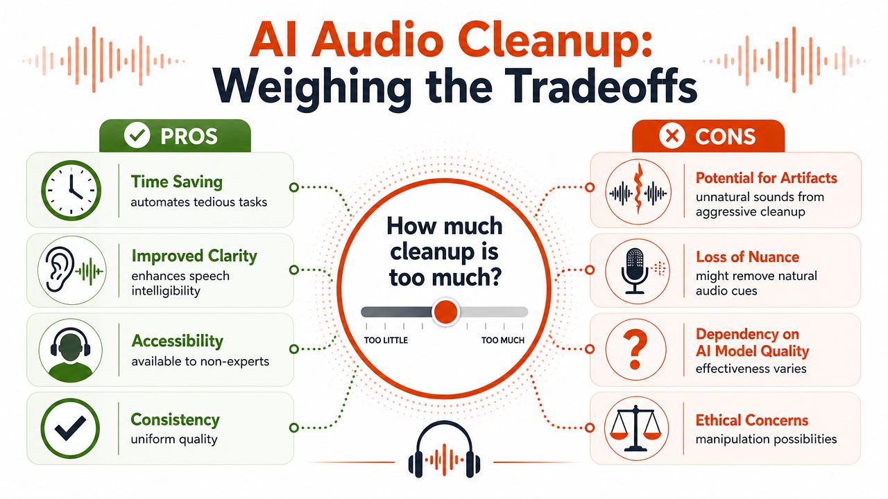 An infographic titled AI Audio Cleanup Weighing the Tradeoffs, illustrating pros and cons of using AI for audio.