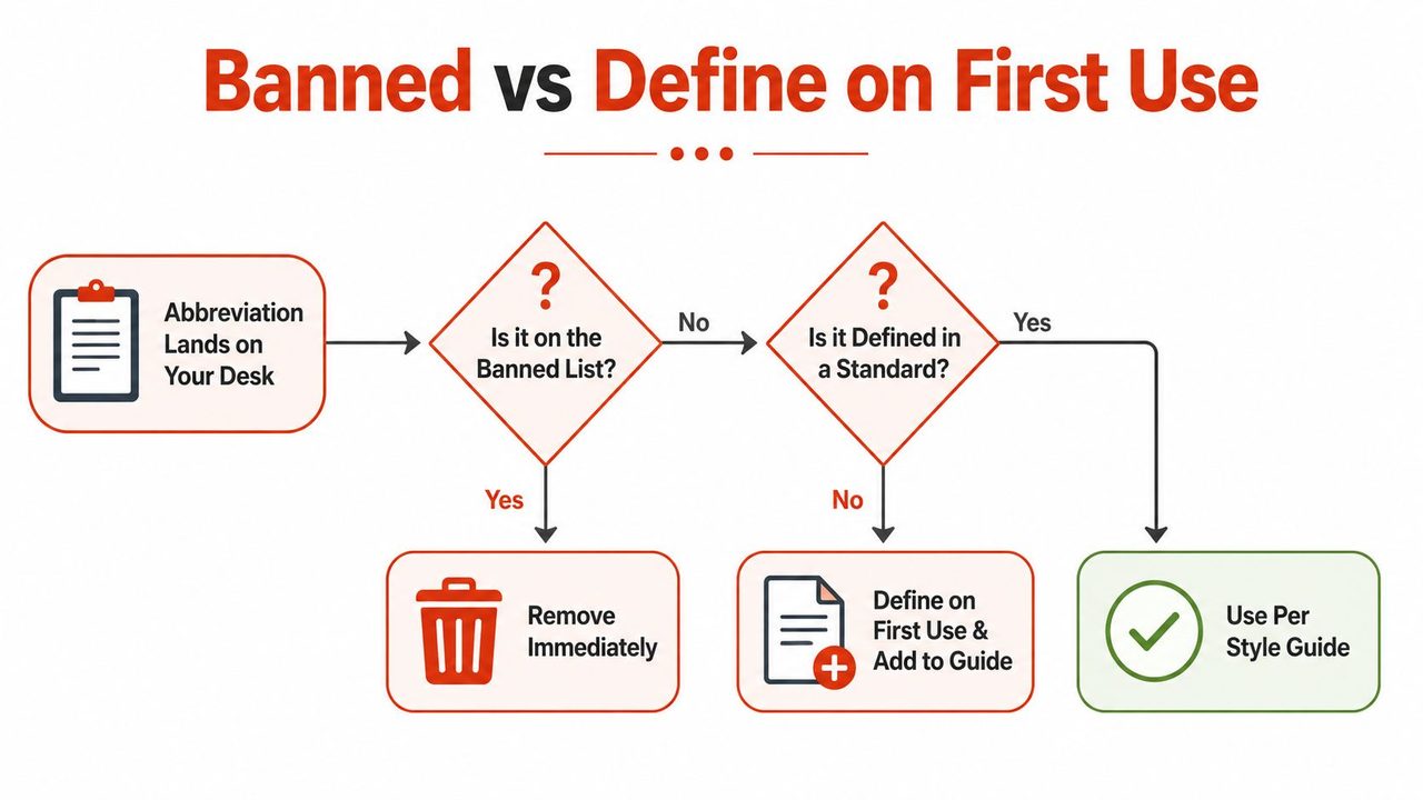 A flowchart titled Banned vs Define on First Use explaining how to handle incoming abbreviations.