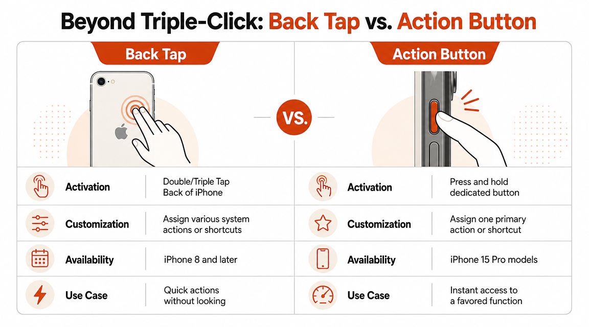 A comparison chart highlighting the differences between Back Tap and the Action Button on iPhone devices.