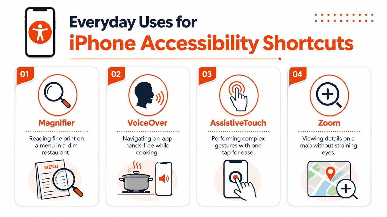 A four-step infographic illustrating practical, everyday examples of using various accessibility shortcut features on an iPhone.