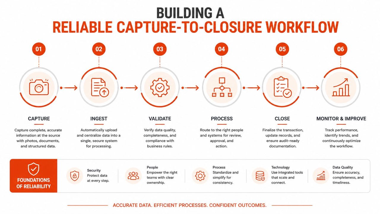 A diagram outlining a six-step workflow for business data, from initial capture to final monitoring and improvement.