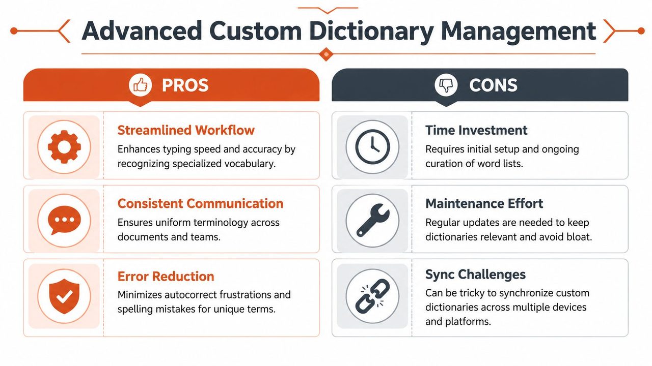 A comparison chart showing the pros and cons of implementing advanced custom dictionary management systems.