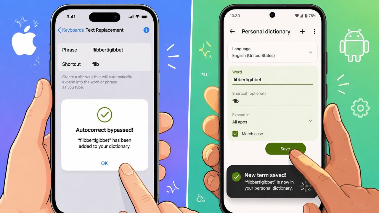 A split-screen illustration showing hands adding a custom word to the dictionary on iPhone and Android phones.
