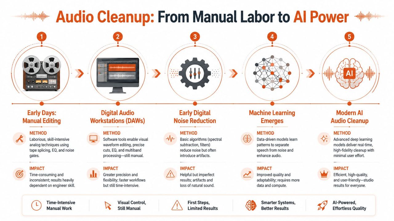 A flowchart infographic illustrating the historical evolution of audio cleanup from manual editing to modern AI technology.