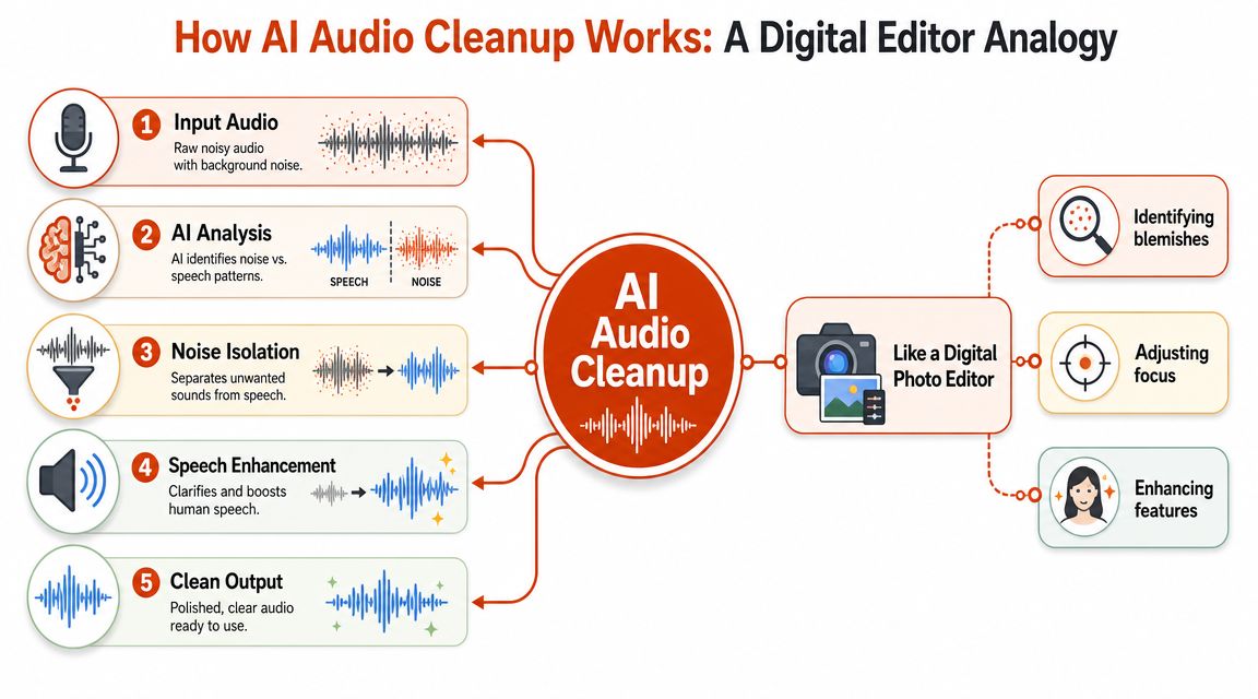 A diagram illustrating the step-by-step process of how AI audio cleanup works using a digital editor analogy.
