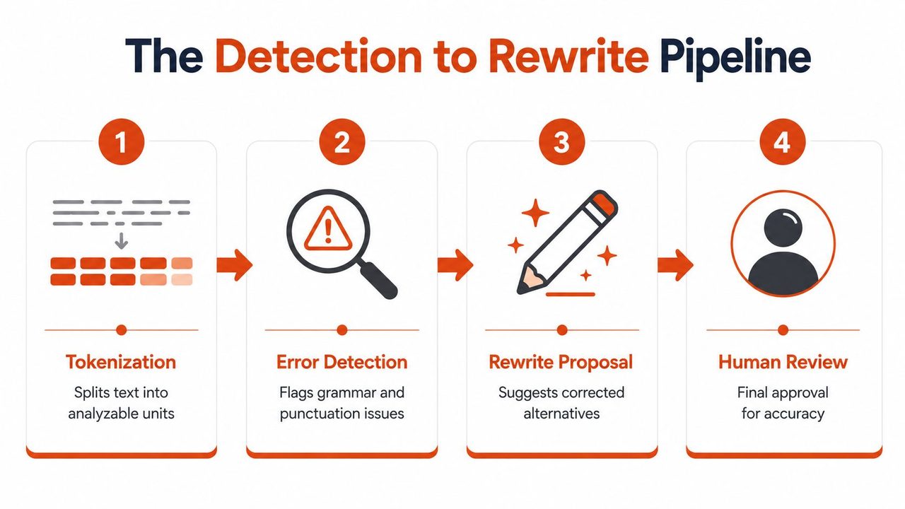 A four-step infographic illustrating the detection to rewrite pipeline for automated text and grammar correction processes.