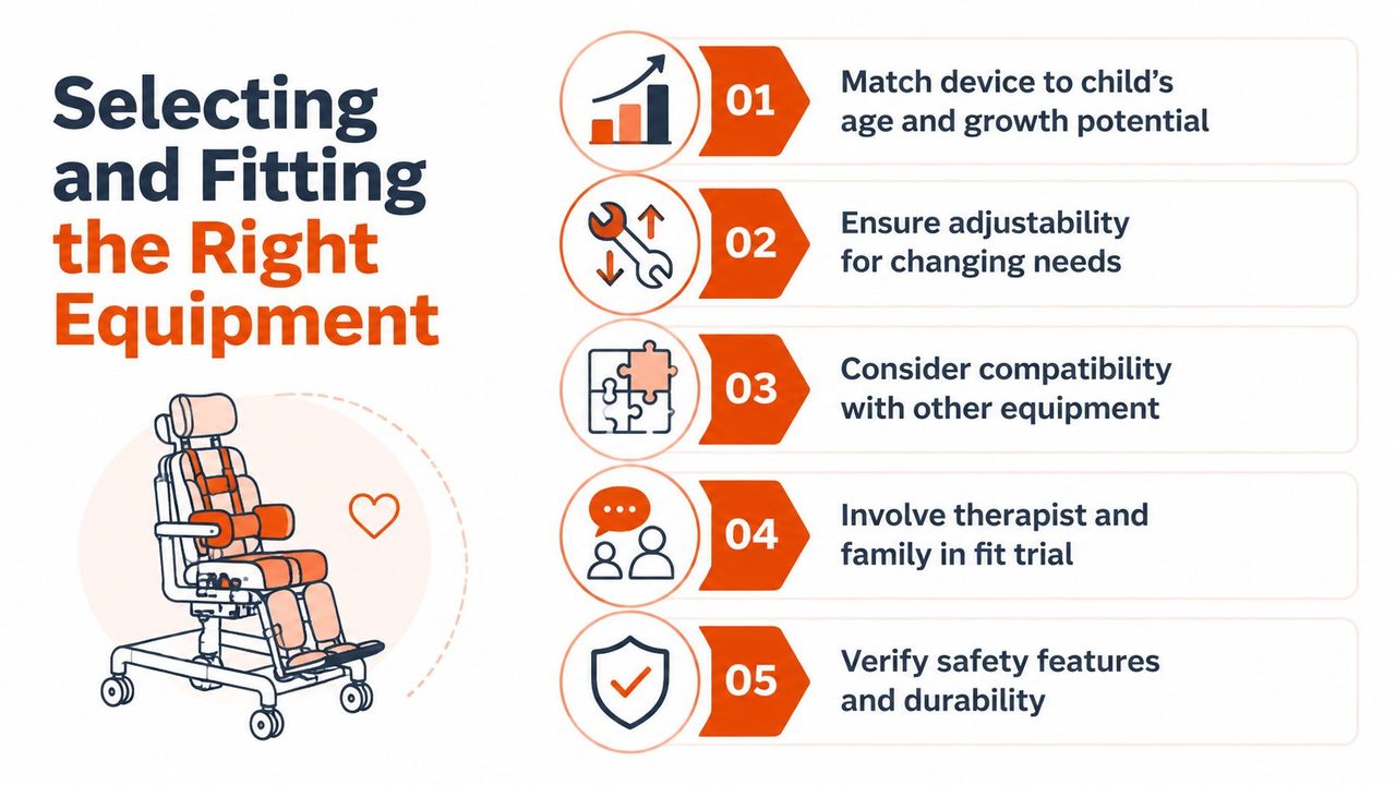 A colorful infographic illustrating five essential steps for selecting and fitting adaptive seating equipment for children.