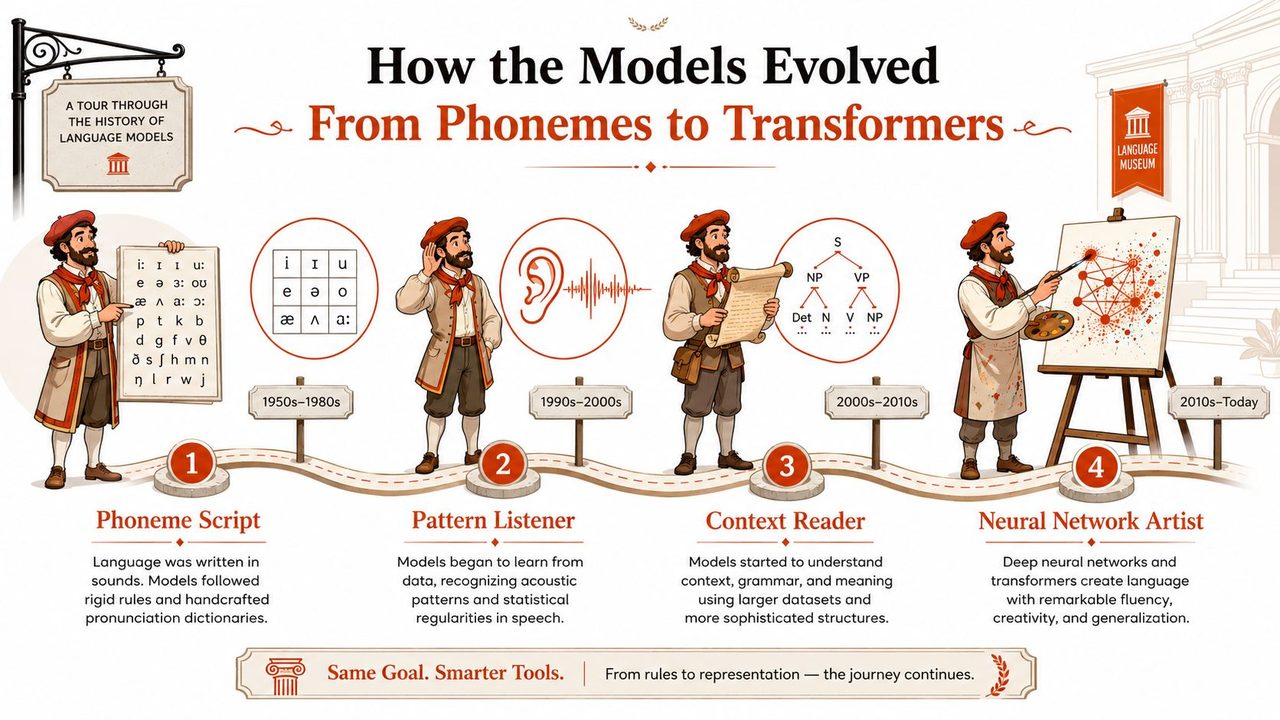 An educational infographic illustrating the historical evolution of language models from phonemes to modern neural networks.