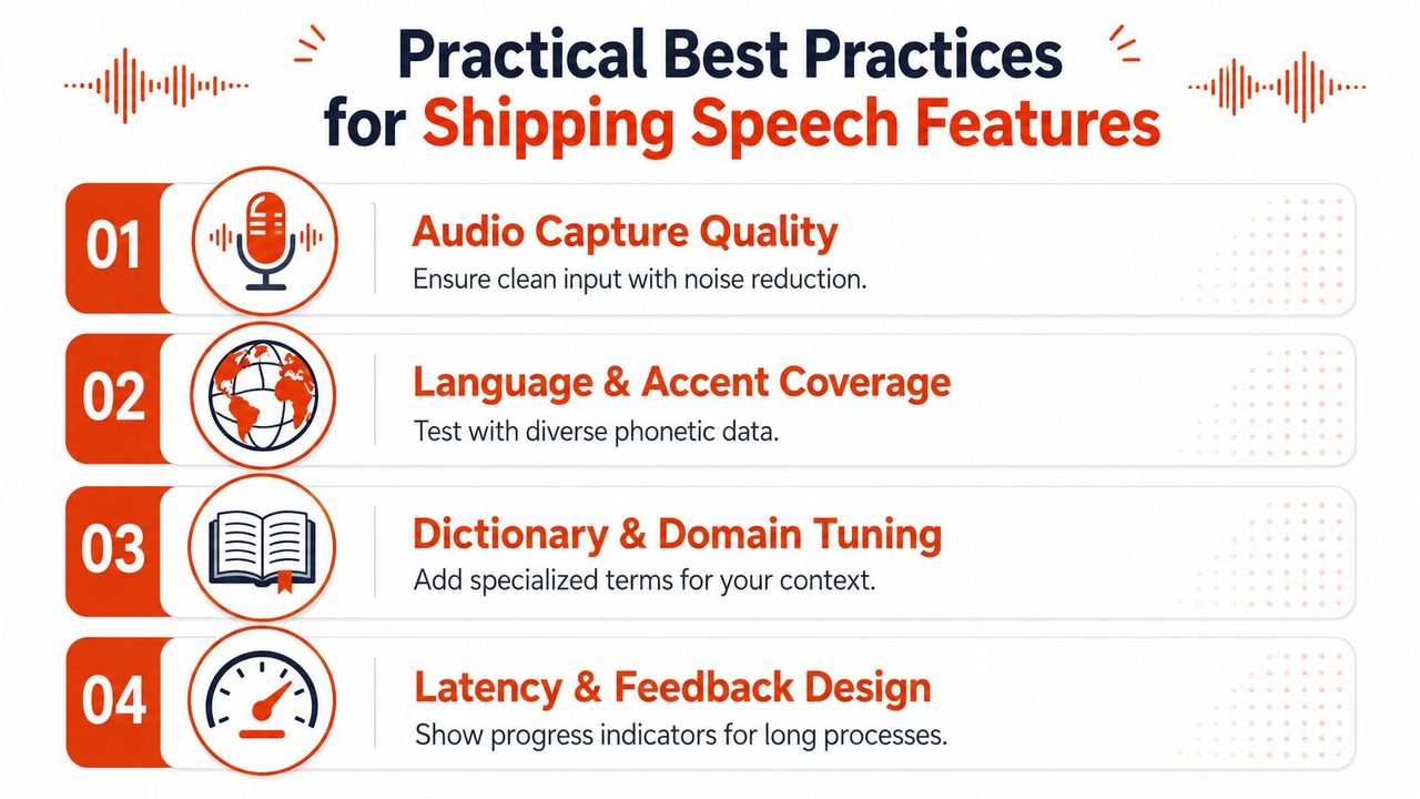 A graphic listing four practical best practices for shipping speech recognition features including audio, language, tuning, and latency.
