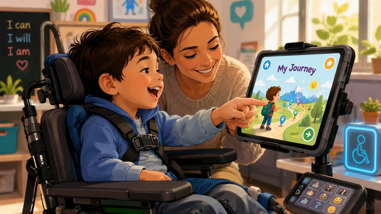 A happy child in a wheelchair using an assistive tablet with his mother in an educational setting.
