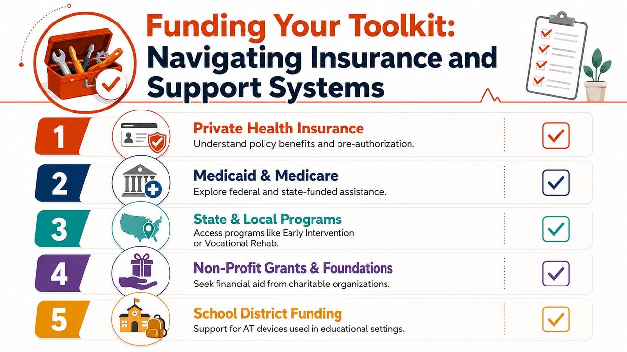 An infographic titled Funding Your Toolkit illustrating five major sources for funding assistive technology and support systems.