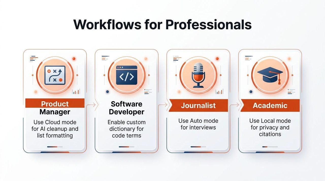 A infographic showing recommended audio to text converter workflows for product managers, developers, journalists, and academics.