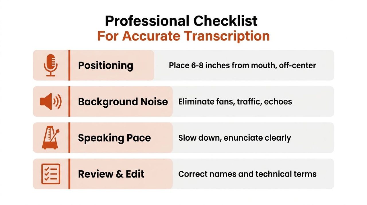 A professional checklist infographic detailing four essential tips for achieving accurate audio to text transcription.