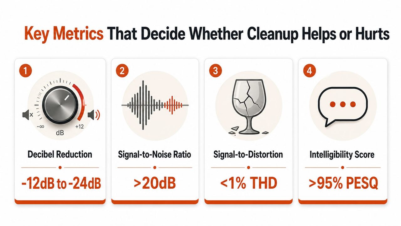 A diagram titled Key Metrics That Decide Whether Cleanup Helps or Hurts, outlining four essential audio quality metrics.