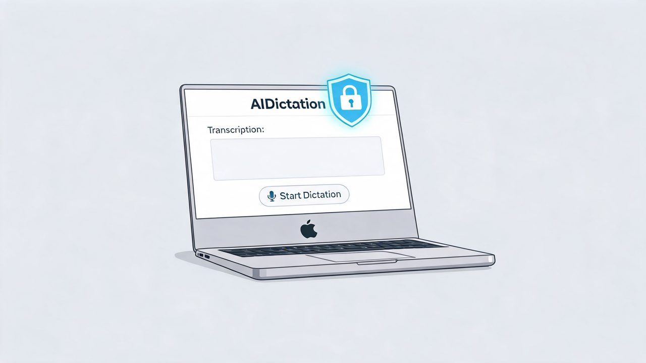 A digital illustration of a laptop screen displaying an AI transcription service with a secure privacy lock icon.