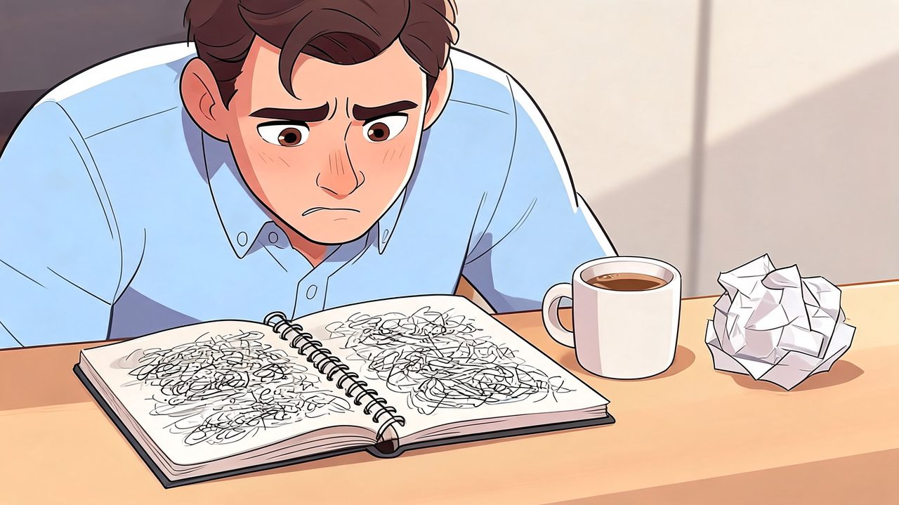 A frustrated man looking down at a messy notebook filled with scribbles while sitting at a desk.