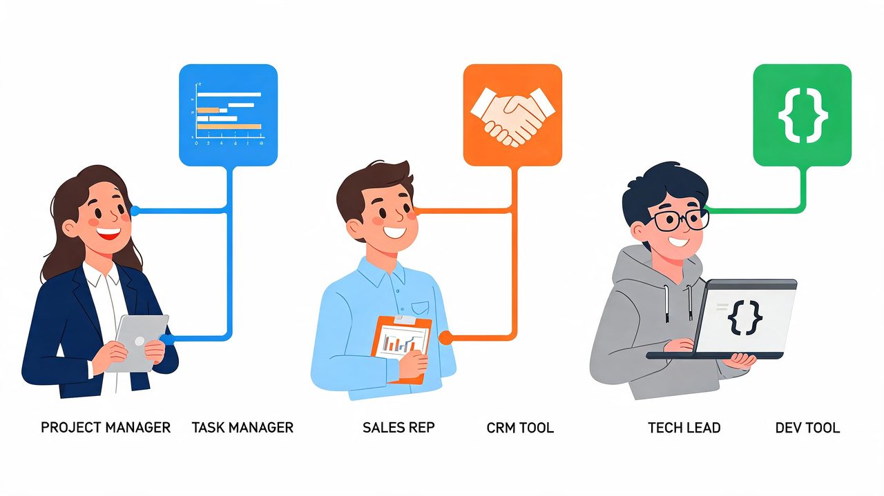 A professional illustration of a project manager, sales representative, and tech lead interacting with their respective software tools.