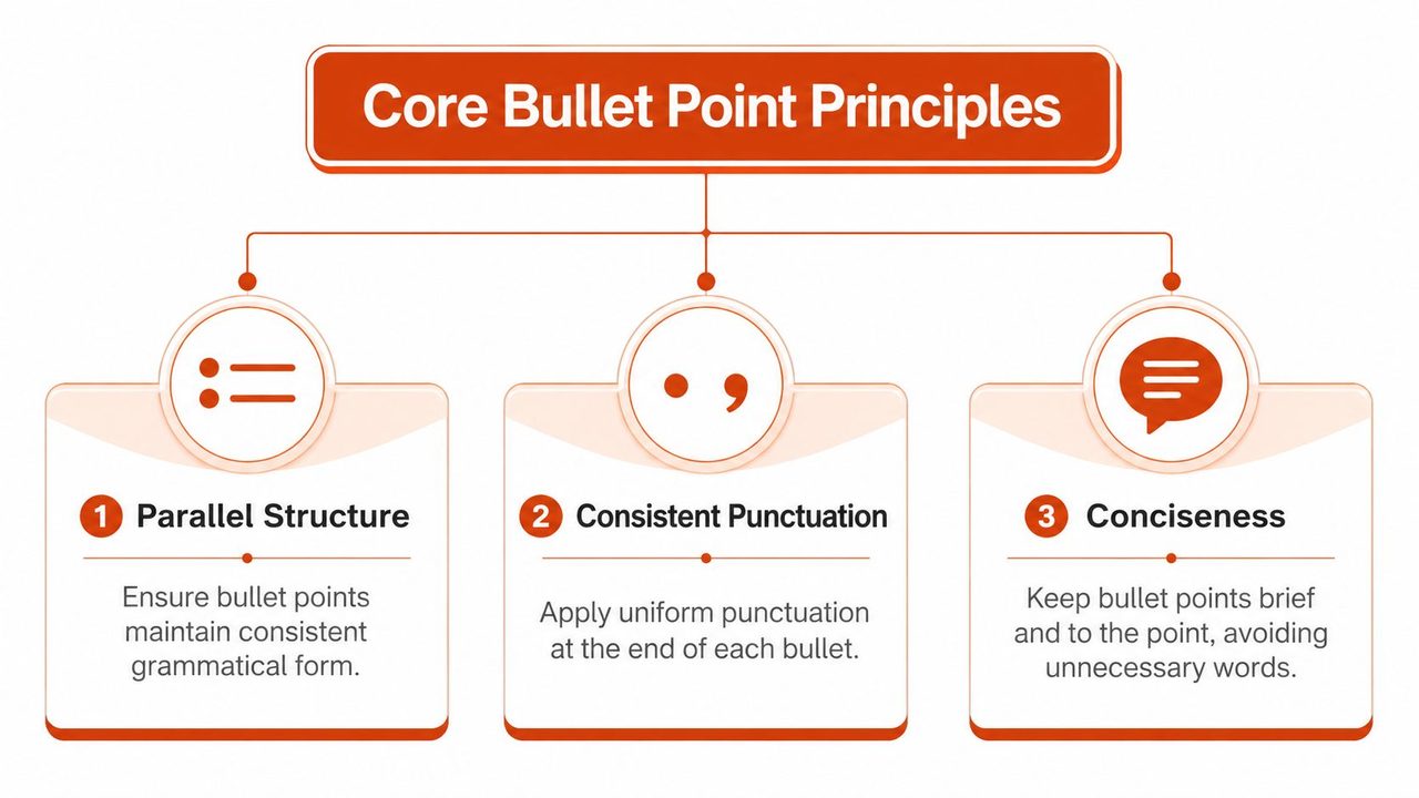 A diagram outlining three core principles for effective bullet point formatting: parallel structure, consistent punctuation, and conciseness.
