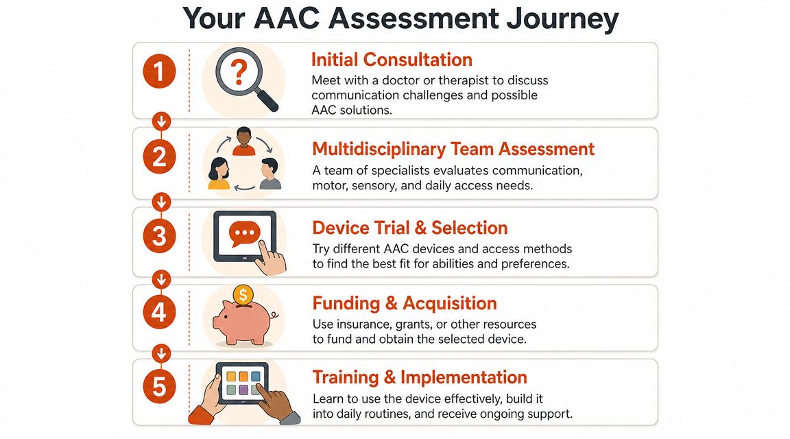 A five-step flowchart illustrating the AAC assessment journey for individuals needing communication devices and professional support.