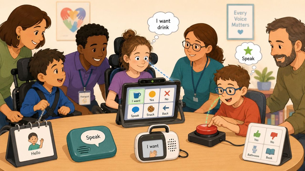 A diverse group of children and adults using specialized communication devices to support inclusive learning and interaction.