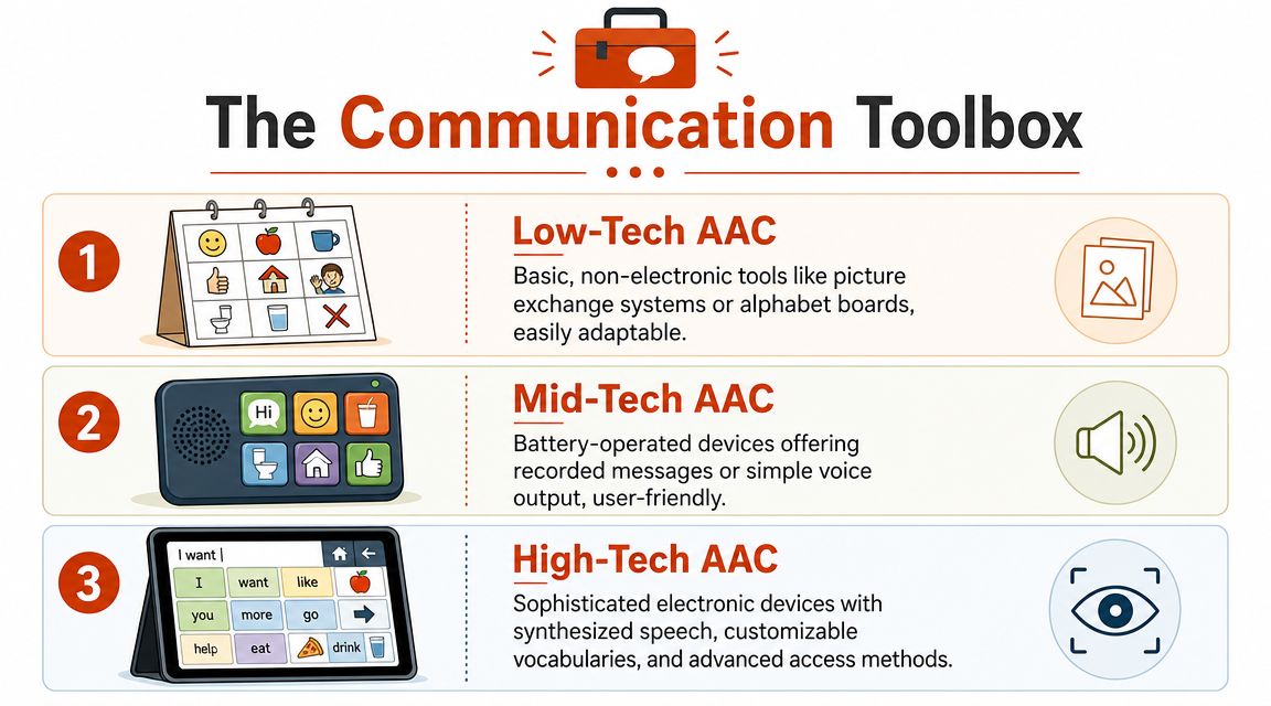 An infographic titled The Communication Toolbox illustrating three levels of assistive communication devices for individuals.