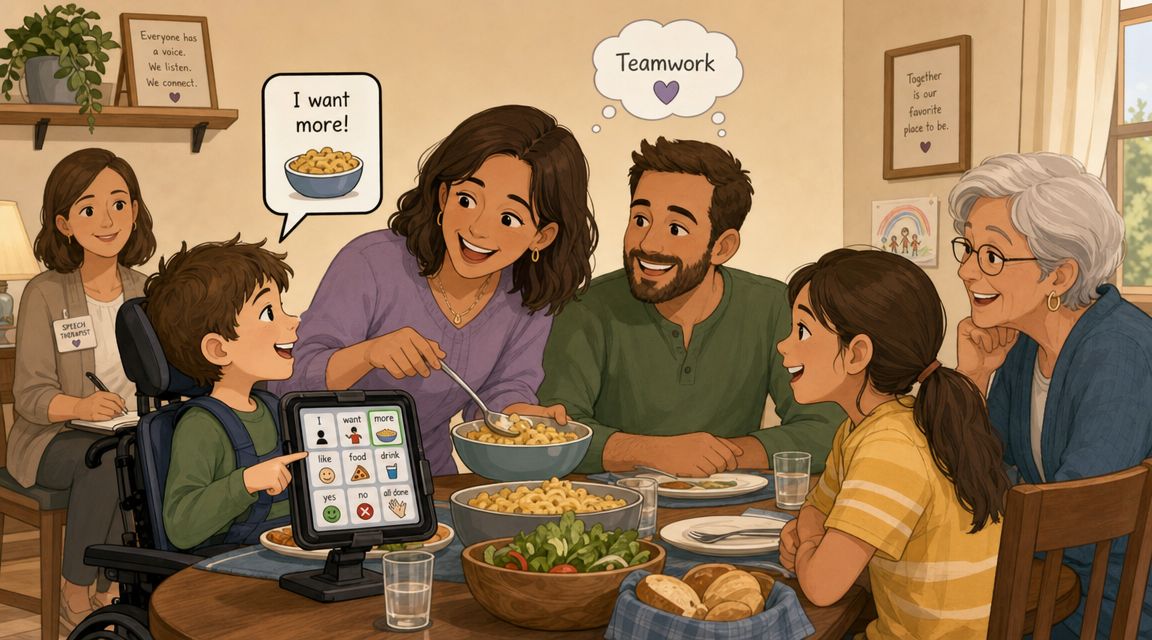 A family and speech therapist support a boy using an AAC device at a dining table.