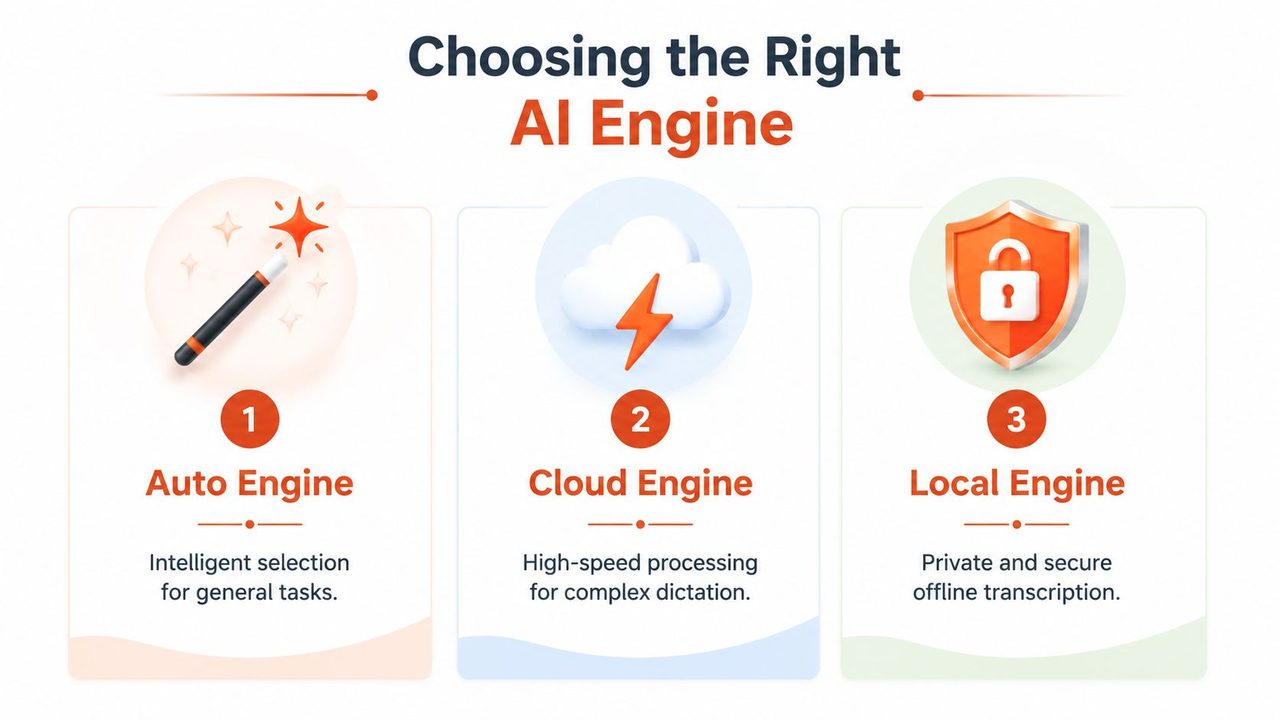 A graphic showing three types of AI engines: Auto, Cloud, and Local for transcription tasks.
