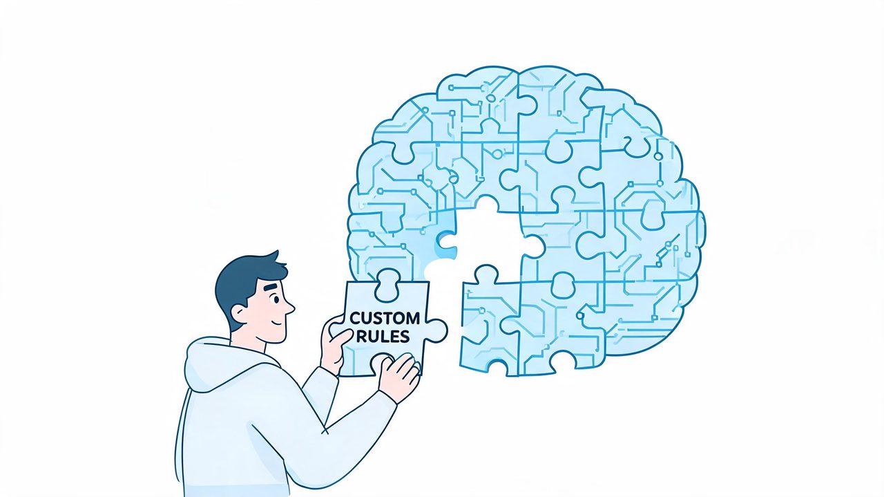 A person placing a jigsaw piece labeled custom rules into a digital brain puzzle design.
