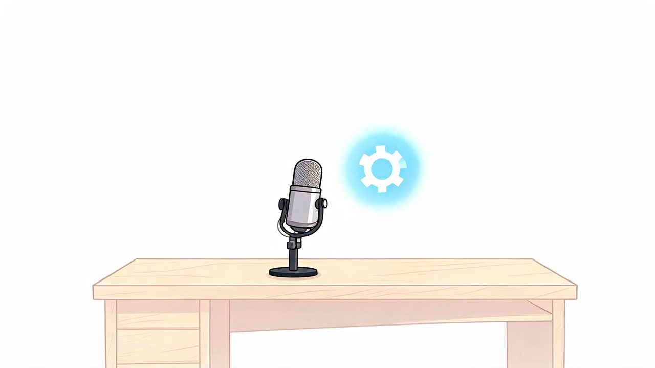 A professional studio microphone sitting on a wooden desk with a digital settings icon floating nearby.