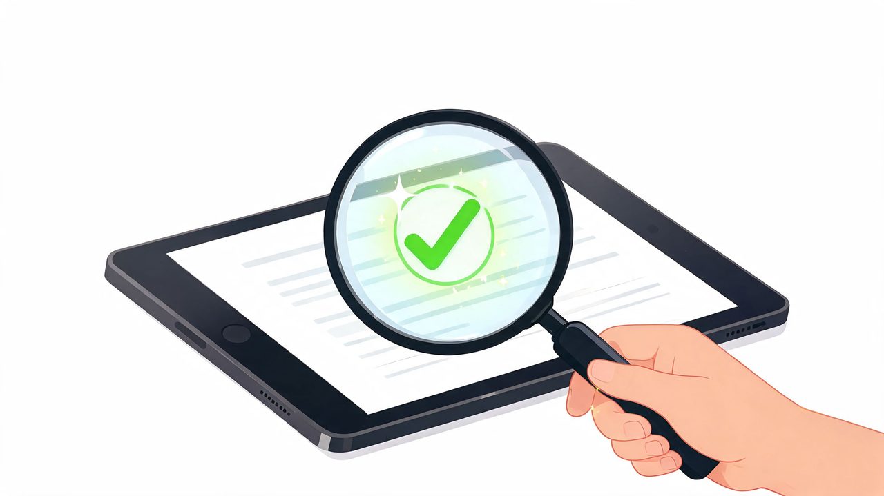 A hand holding a magnifying glass over a tablet screen showing a green checkmark indicating successful validation.