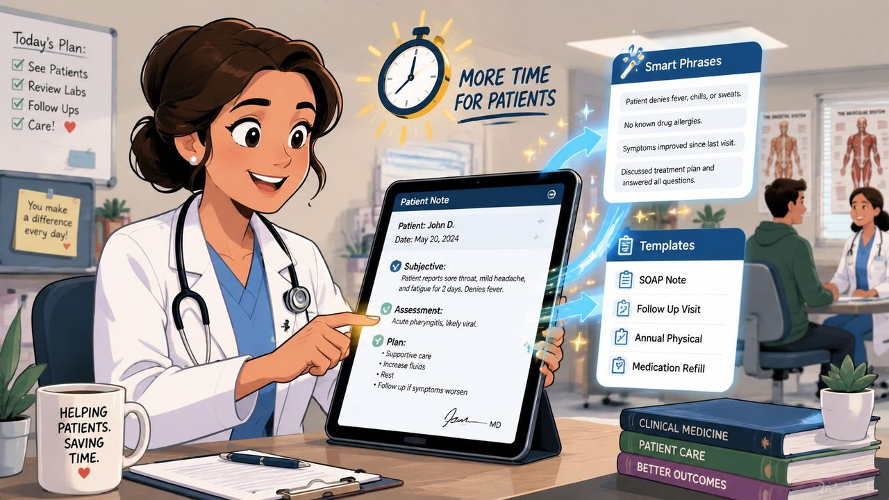 A smiling doctor uses digital clinical documentation software on a tablet to efficiently manage patient notes.