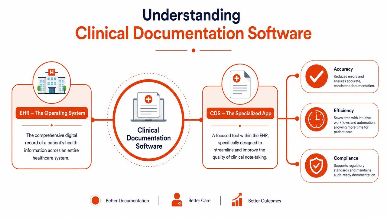 An infographic explaining the role of clinical documentation software as a specialized tool within an EHR system.