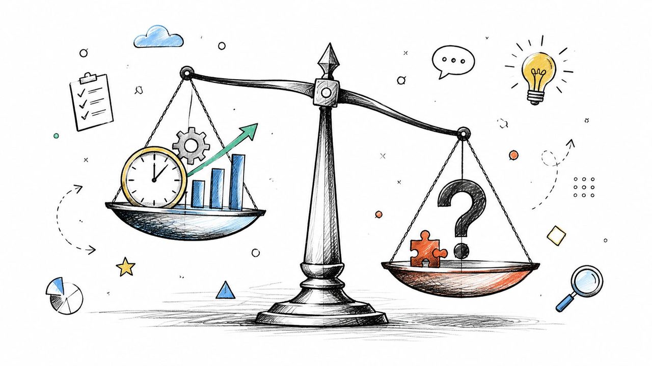 A conceptual illustration showing a balance scale weighing efficiency icons against a large question mark puzzle piece.