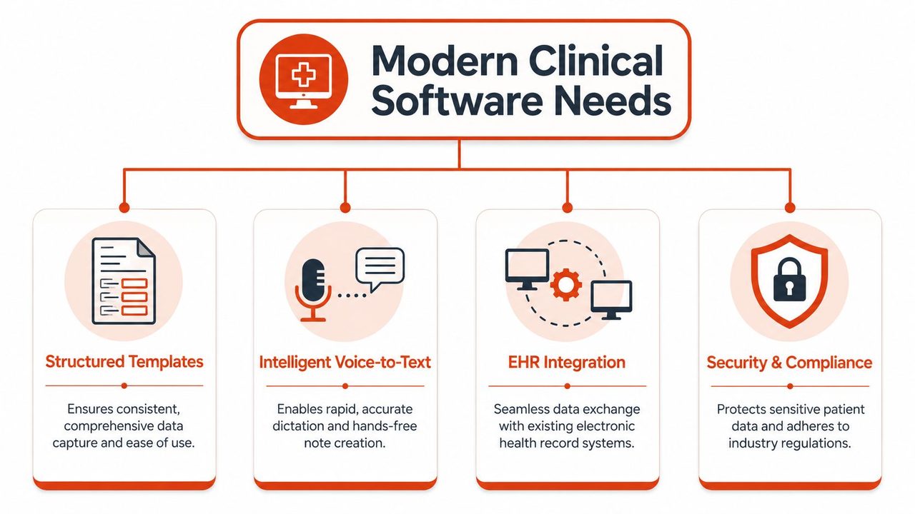 An infographic showing four key requirements for modern clinical software including structured templates, voice-to-text, EHR integration, and security.