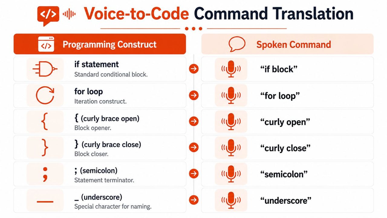 A chart showing programming constructs like if statements and loops alongside their corresponding voice-to-code spoken commands.