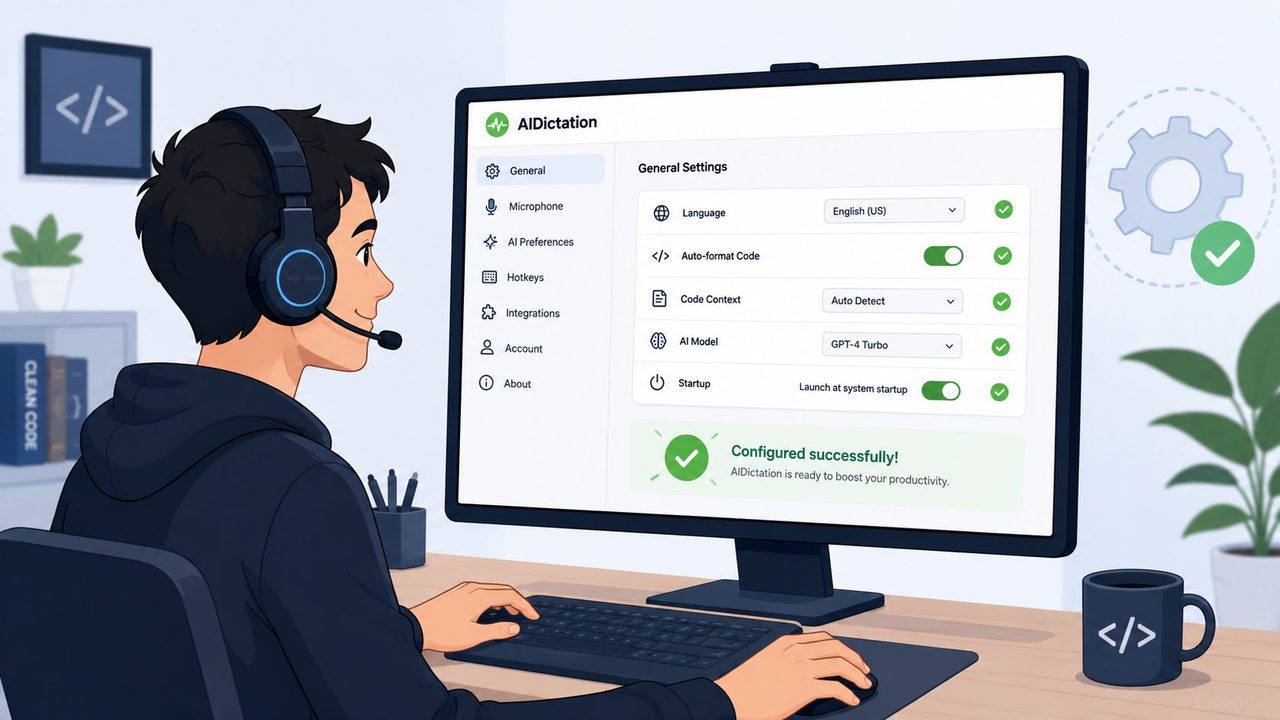 A digital illustration of a developer wearing headphones setting up AI voice coding software on a monitor.