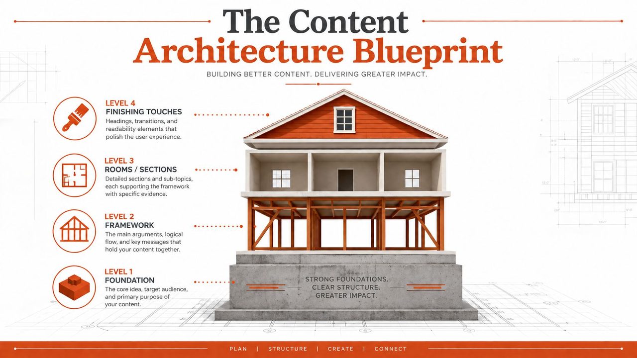 An infographic titled The Content Architecture Blueprint showing a house model representing content creation layers.