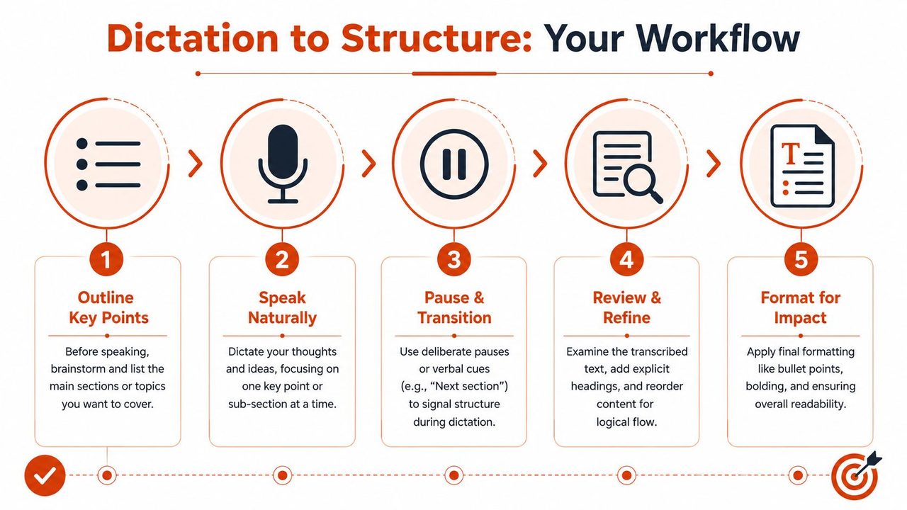 A five-step infographic showing a workflow for transforming spoken dictation into structured written content.