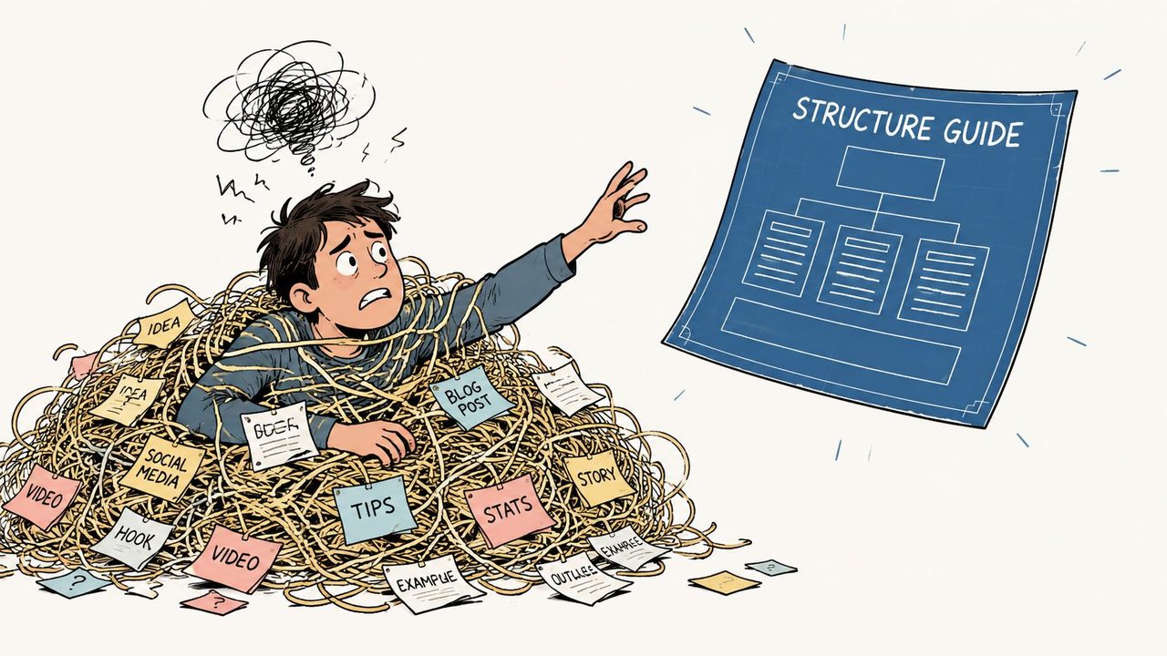 A person feeling overwhelmed by scattered notes and ideas, reaching toward a structured blueprint guide.
