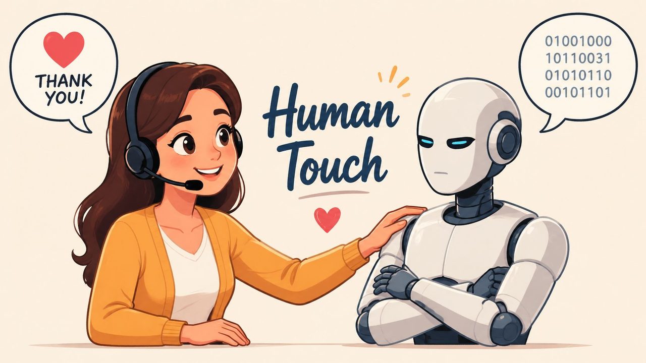 A friendly customer support agent placing a comforting hand on a digital robot with binary code text.
