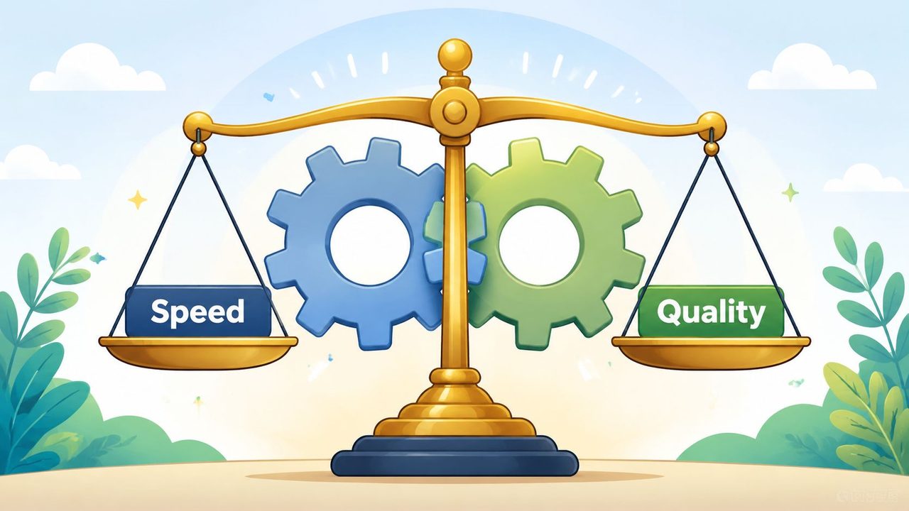 A balanced scale featuring a blue gear representing speed and a green gear representing quality.