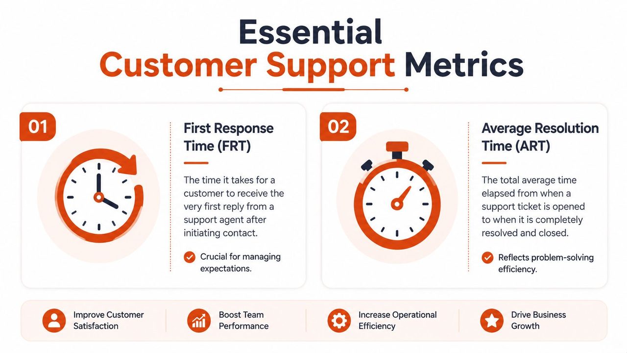 An infographic highlighting key customer support metrics including First Response Time and Average Resolution Time for business.