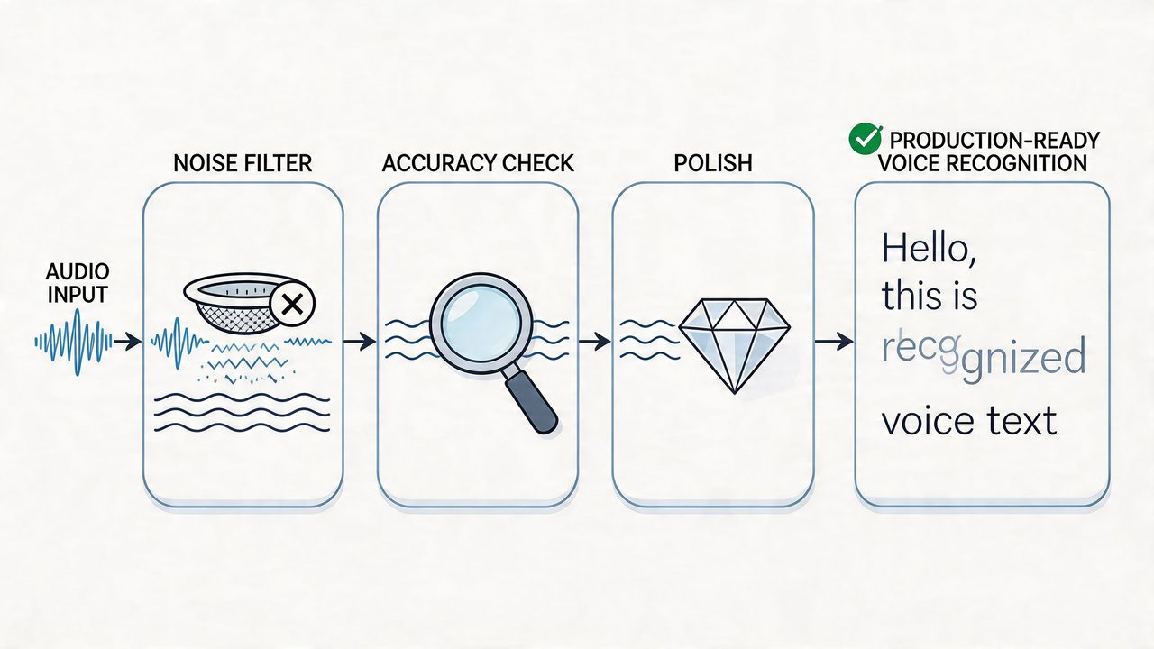 A diagram illustrating the voice recognition workflow from raw audio input through filtering, checking, and polishing stages.