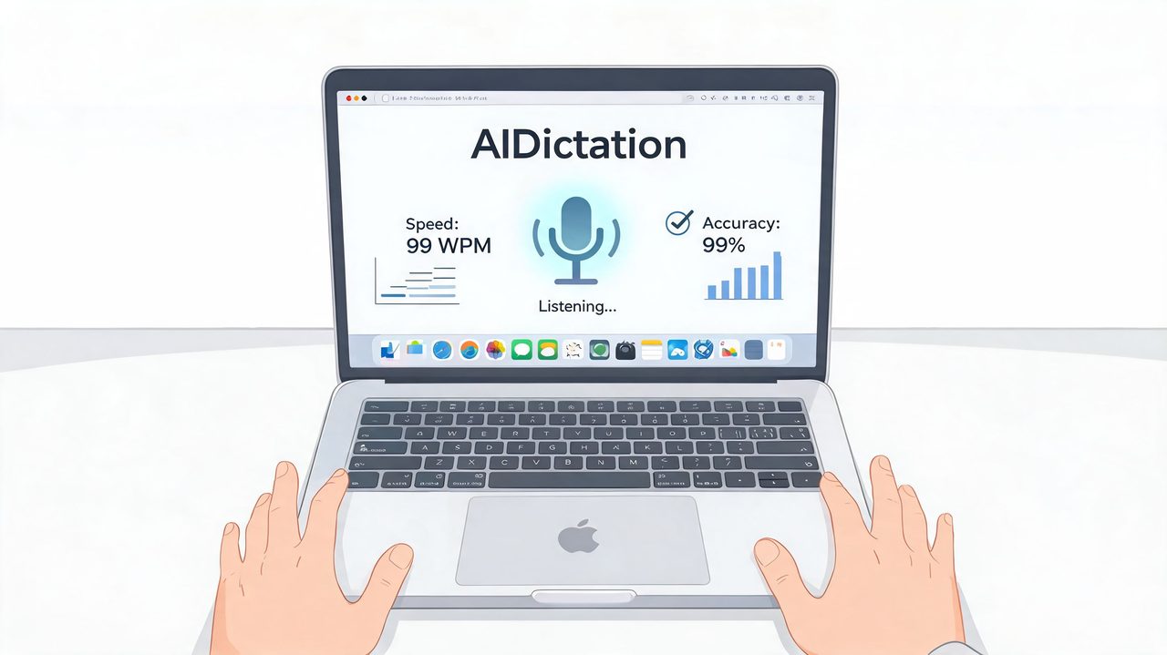 A person using a laptop with AI dictation software showing listening mode, typing speed, and accuracy statistics.