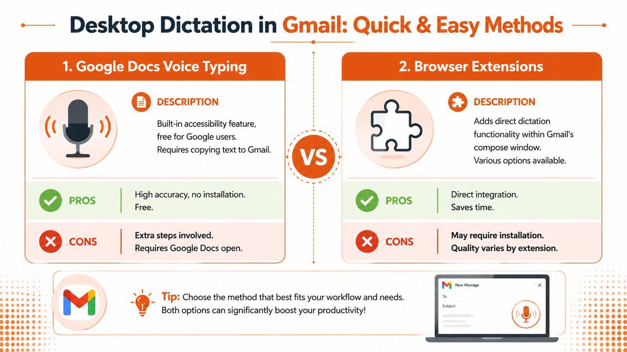 A comparison infographic showing two methods for using voice dictation on desktop for Gmail emails.